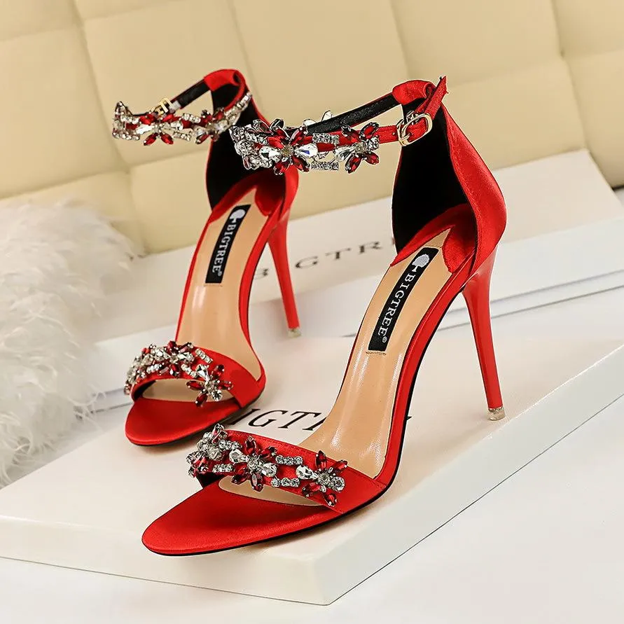 Women peep toe rhinestone flower side hollow stiletto heels