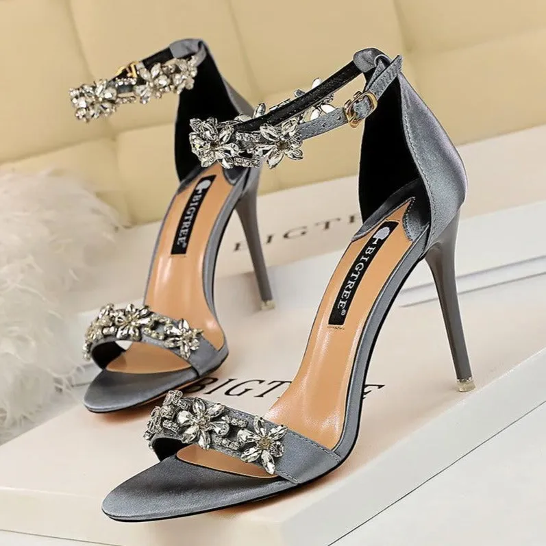 Women peep toe rhinestone flower side hollow stiletto heels