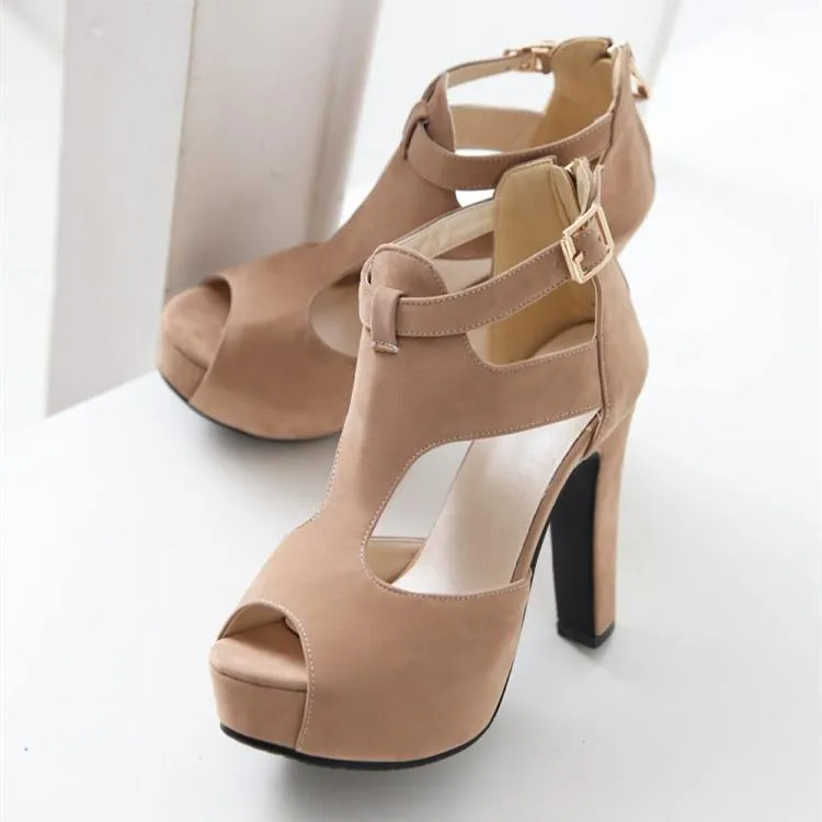 Women platform peep toe hollow ankle strap chunky high heels