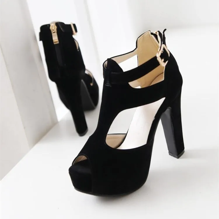 Women platform peep toe hollow ankle strap chunky high heels