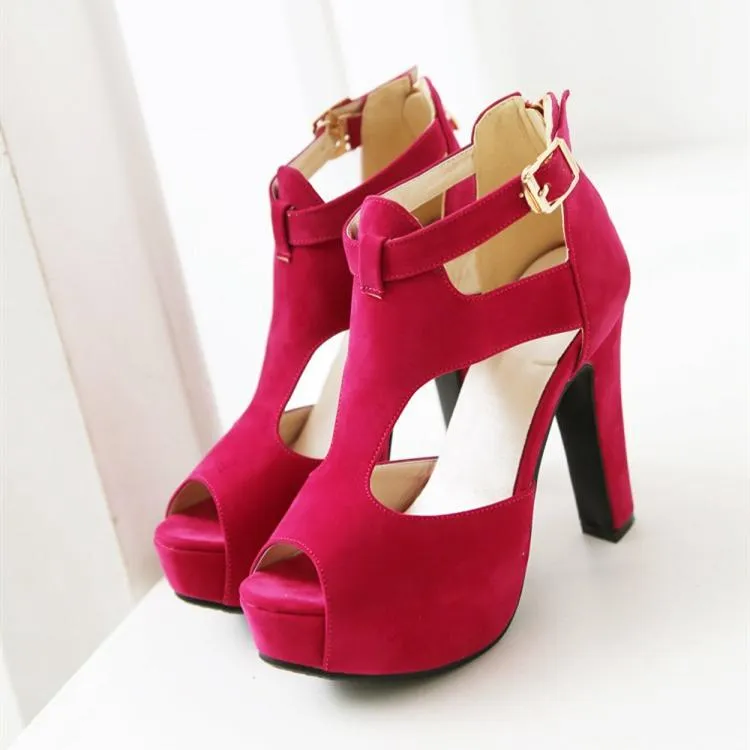 Women platform peep toe hollow ankle strap chunky high heels