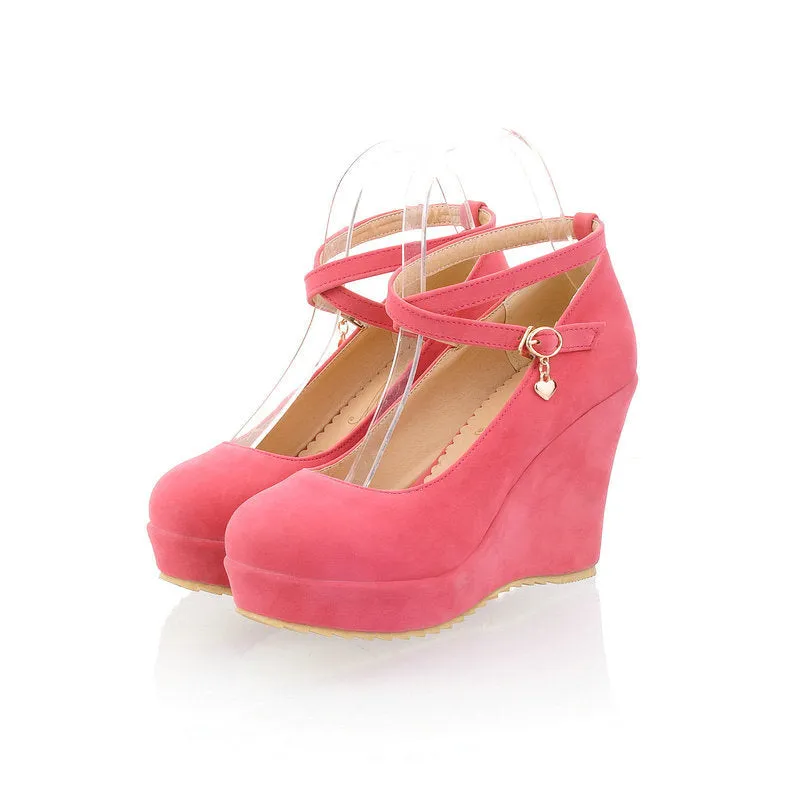 Women platform round closed toe criss cross buckle strap wedge heels