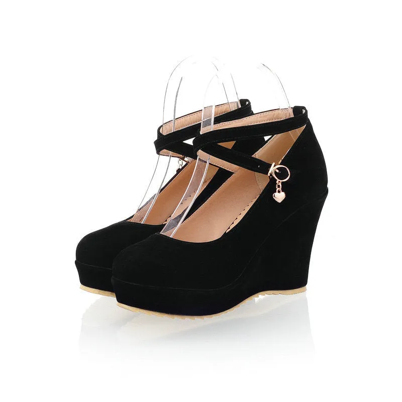 Women platform round closed toe criss cross buckle strap wedge heels