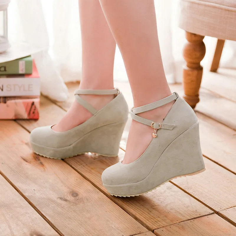 Women platform round closed toe criss cross buckle strap wedge heels