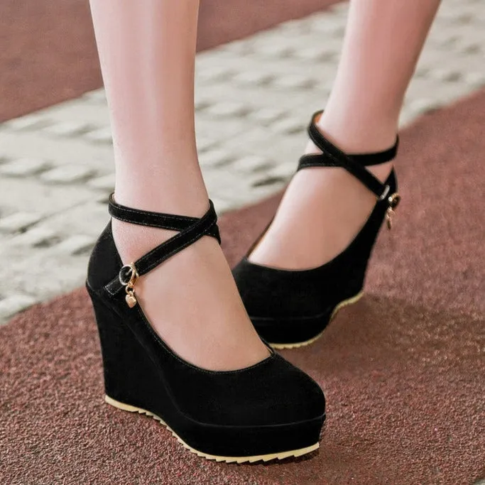 Women platform round closed toe criss cross buckle strap wedge heels