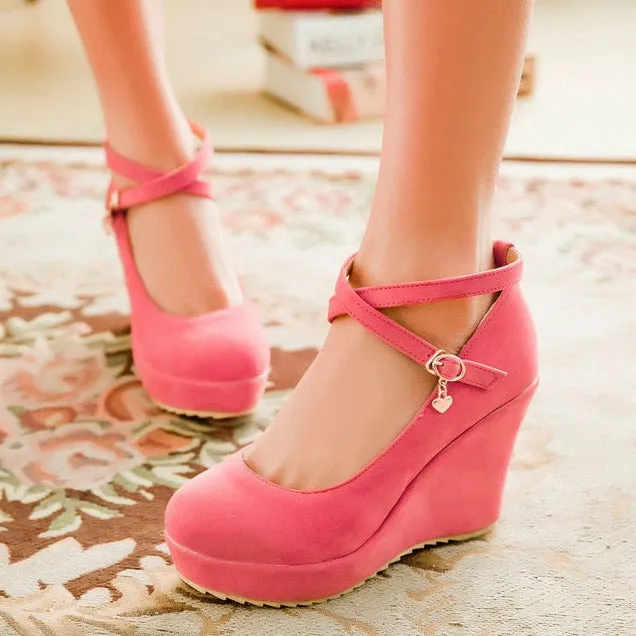 Women platform round closed toe criss cross buckle strap wedge heels