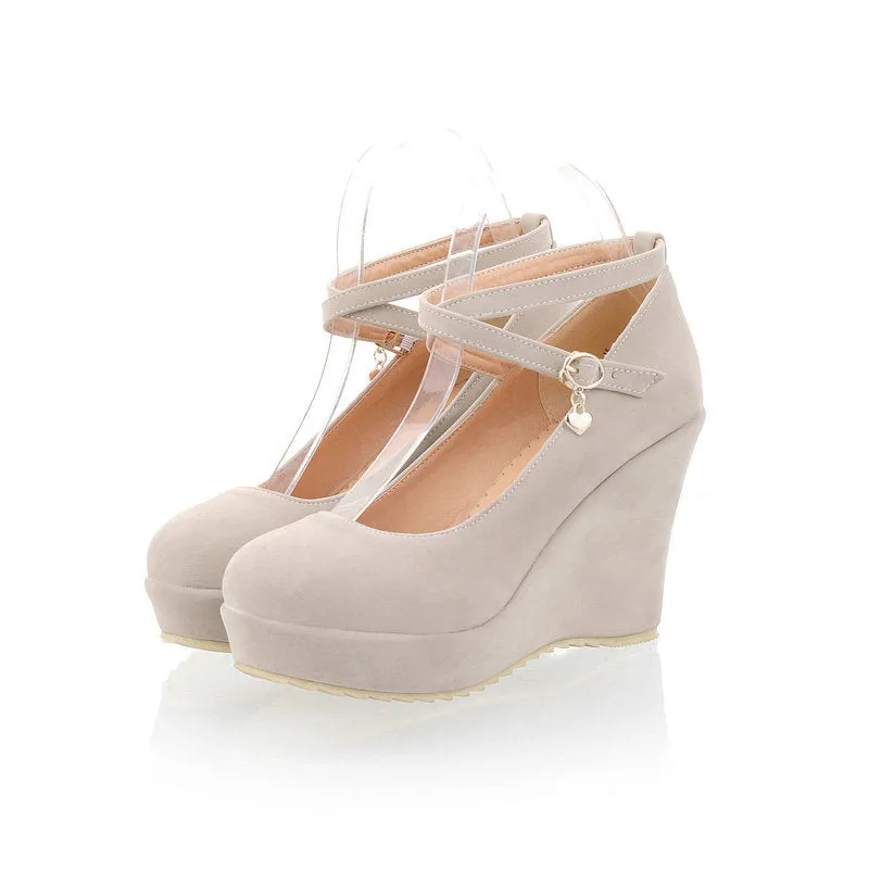 Women platform round closed toe criss cross buckle strap wedge heels