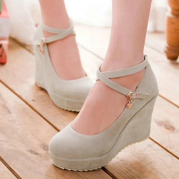 Women platform round closed toe criss cross buckle strap wedge heels