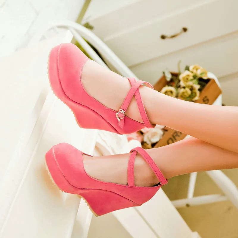 Women platform round closed toe criss cross buckle strap wedge heels