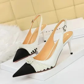 Women rhinestone bowknot color block closed toe slingback stiletto heels