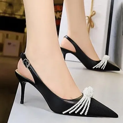 Women rhinestone bowknot color block closed toe slingback stiletto heels