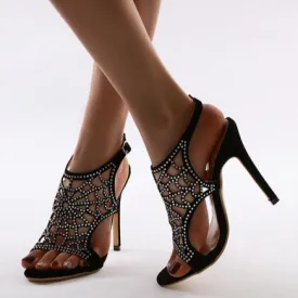 Women rhinestone peep toe buckle strap slingback stiletto heels