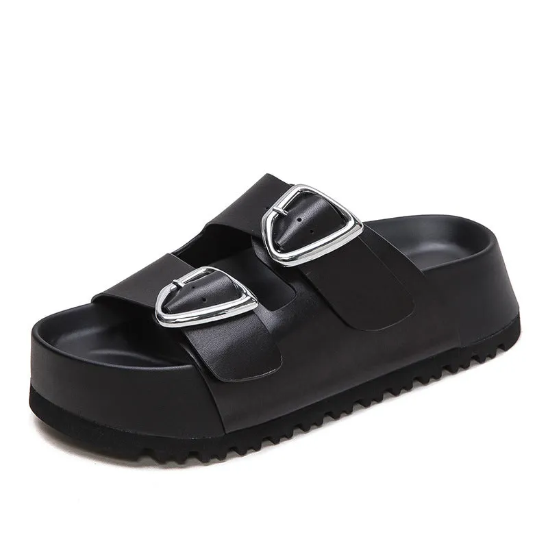 Women Soft Leather Thick Soled Casual Slides Sandals