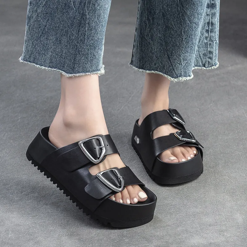 Women Soft Leather Thick Soled Casual Slides Sandals