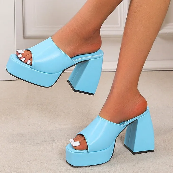 Women solid color square peep toe chunky slide platform heels