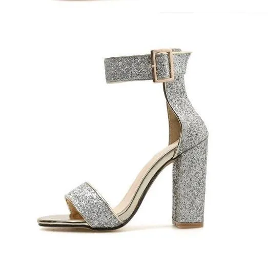 Women sparkly rhinestone peep toe ankle buckle strap chunky high heels