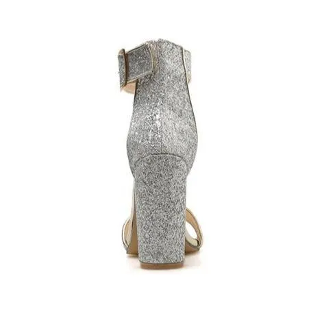 Women sparkly rhinestone peep toe ankle buckle strap chunky high heels