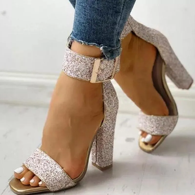 Women sparkly rhinestone peep toe ankle buckle strap chunky high heels