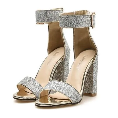 Women sparkly rhinestone peep toe ankle buckle strap chunky high heels