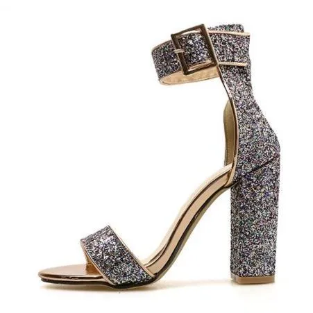 Women sparkly rhinestone peep toe ankle buckle strap chunky high heels