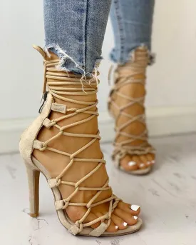 Women stiletto peep toe criss cross strappy lace up heels