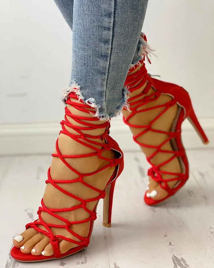 Women stiletto peep toe criss cross strappy lace up heels