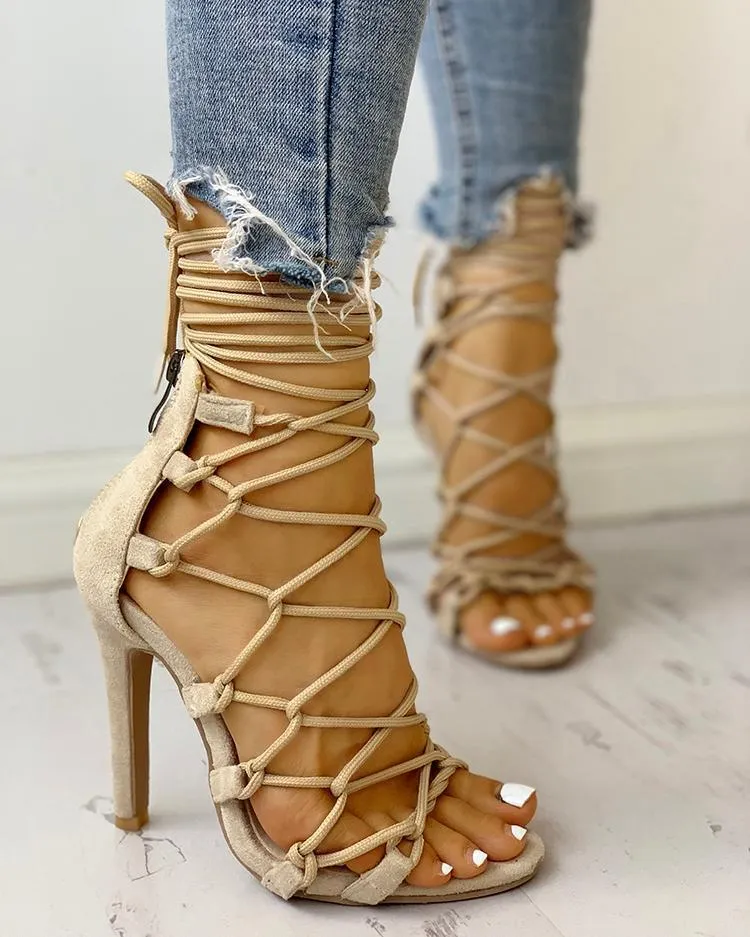 Women stiletto peep toe criss cross strappy lace up heels