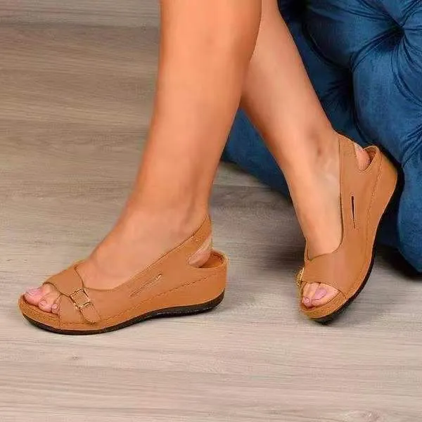 Women summer beach peep toe buckle ankle strap wedge sandals