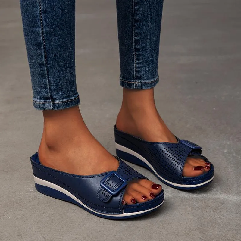 Women summer casual buckle strap peep toe wedge slides