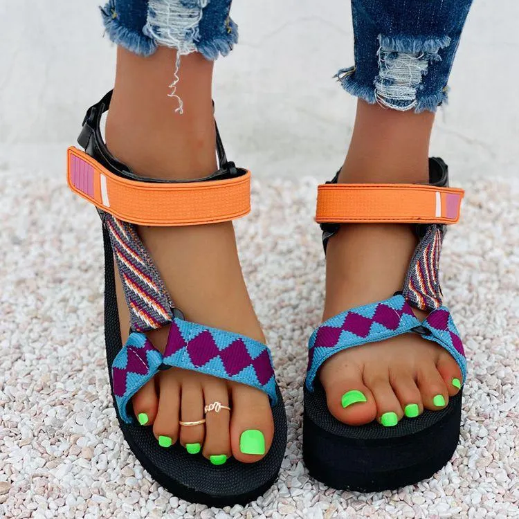 Women summer color block Velcro platform sandals