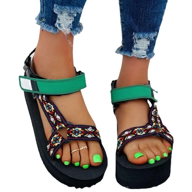 Women summer color block Velcro platform sandals