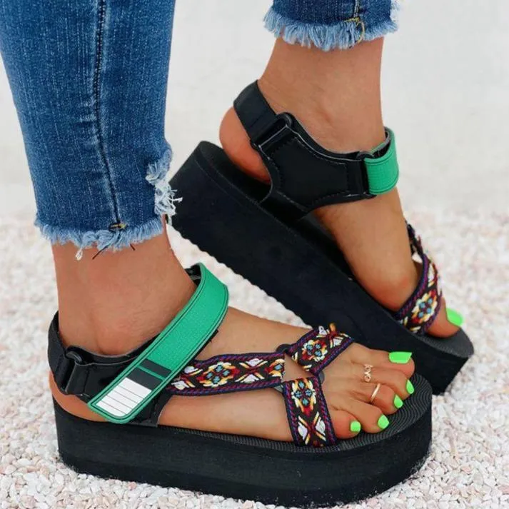 Women summer color block Velcro platform sandals