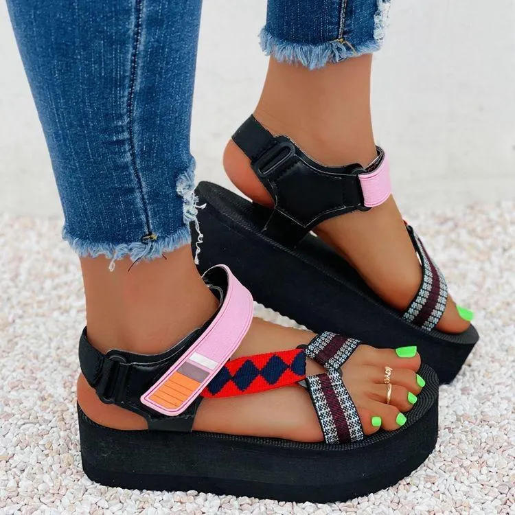 Women summer color block Velcro platform sandals