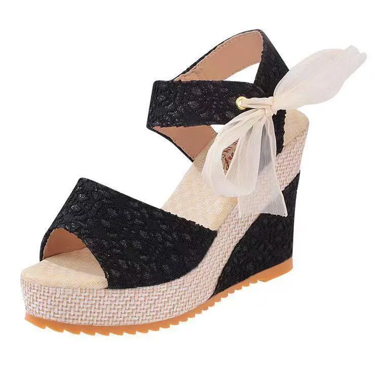 Women summer fashion flowers lace bowknot peep toe wedge sandals