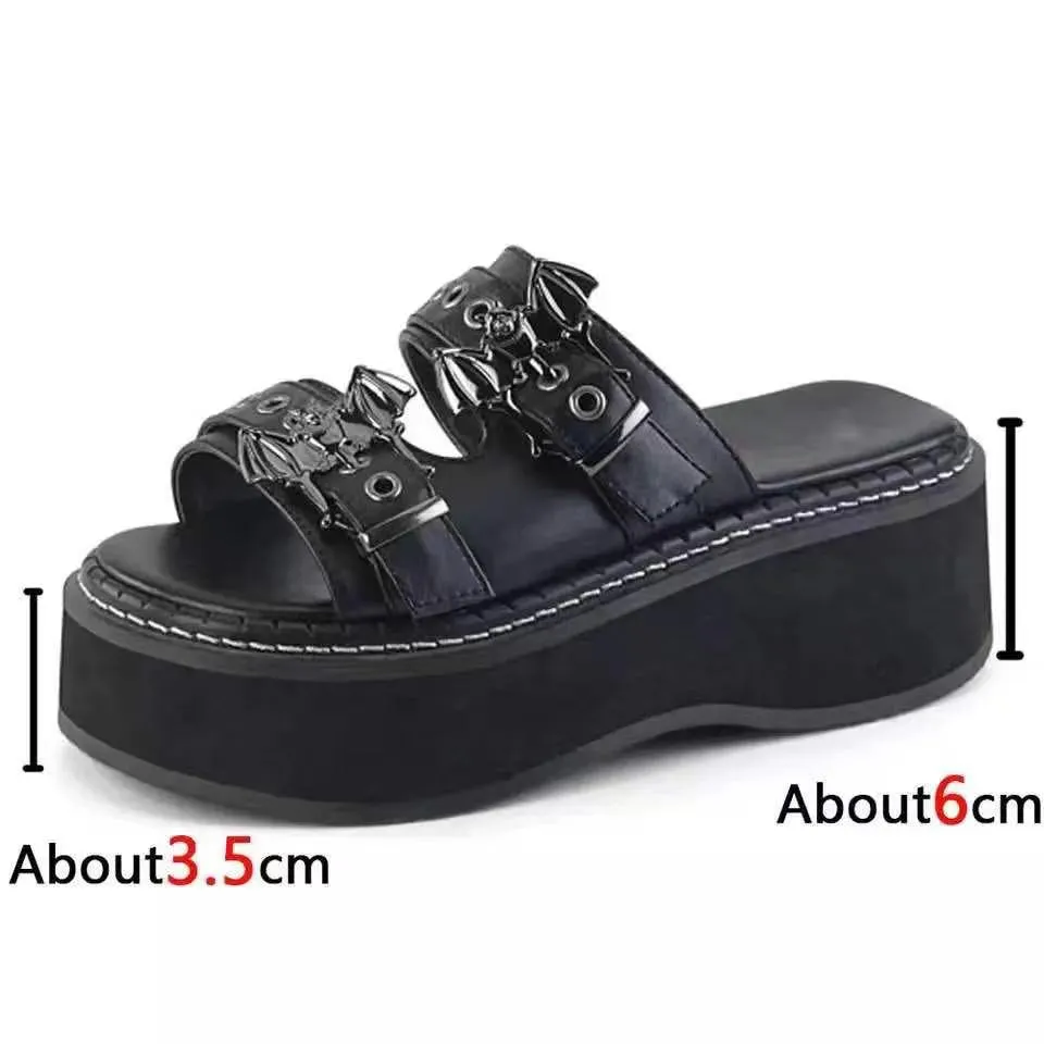 Women two buckle strap bat decor black slide platform sandals