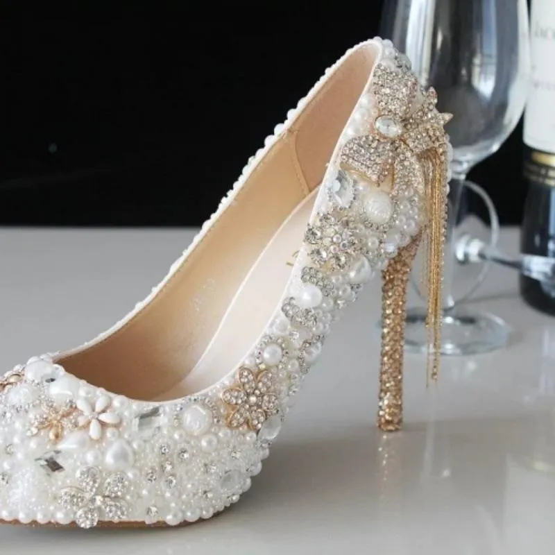 Women white rhinestone bowknot fringe gold stiletto wedding heels