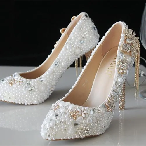 Women white rhinestone bowknot fringe gold stiletto wedding heels