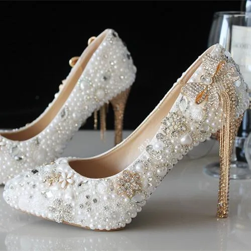 Women white rhinestone bowknot fringe gold stiletto wedding heels