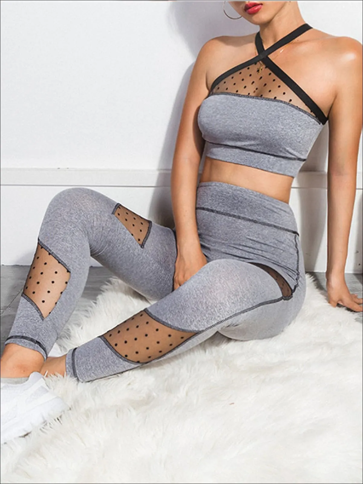 Women's Grey Dotted Mesh Two Piece Activewear Set