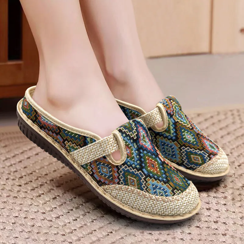 Women's New Ethnic Style Half Slippers Linen Casual Fisherman's Shoes Soft Soled Mother's Shoes