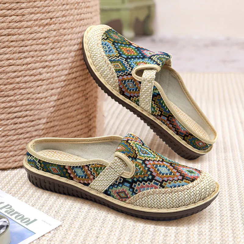 Women's New Ethnic Style Half Slippers Linen Casual Fisherman's Shoes Soft Soled Mother's Shoes