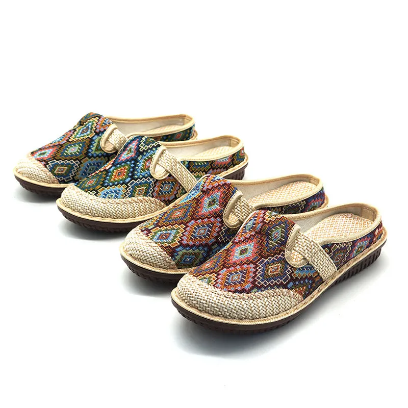 Women's New Ethnic Style Half Slippers Linen Casual Fisherman's Shoes Soft Soled Mother's Shoes