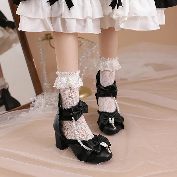 Women's Pearls Lace Bow Tie Block Chunky Heel Sandals