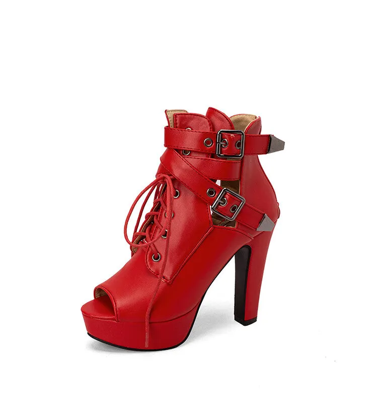 Women's Peep Toe Lace-Up Buckle Straps Chunky Heel Platform Sandals