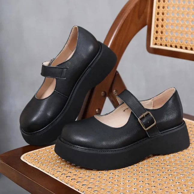 Women's Retro Platform Mary Jane Shoes Leather Thick-soled Shoes