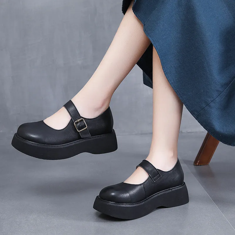 Women's Retro Platform Mary Jane Shoes Leather Thick-soled Shoes