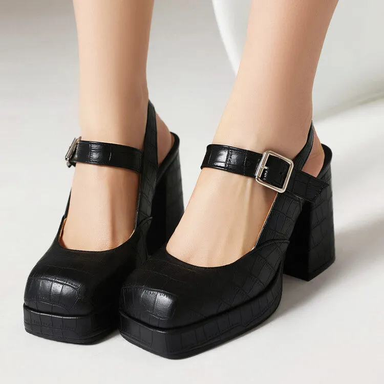 Women's Square Toe Shallow Buckle Straps Block Chunky Heel Platform Sandals