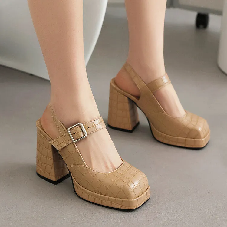 Women's Square Toe Shallow Buckle Straps Block Chunky Heel Platform Sandals