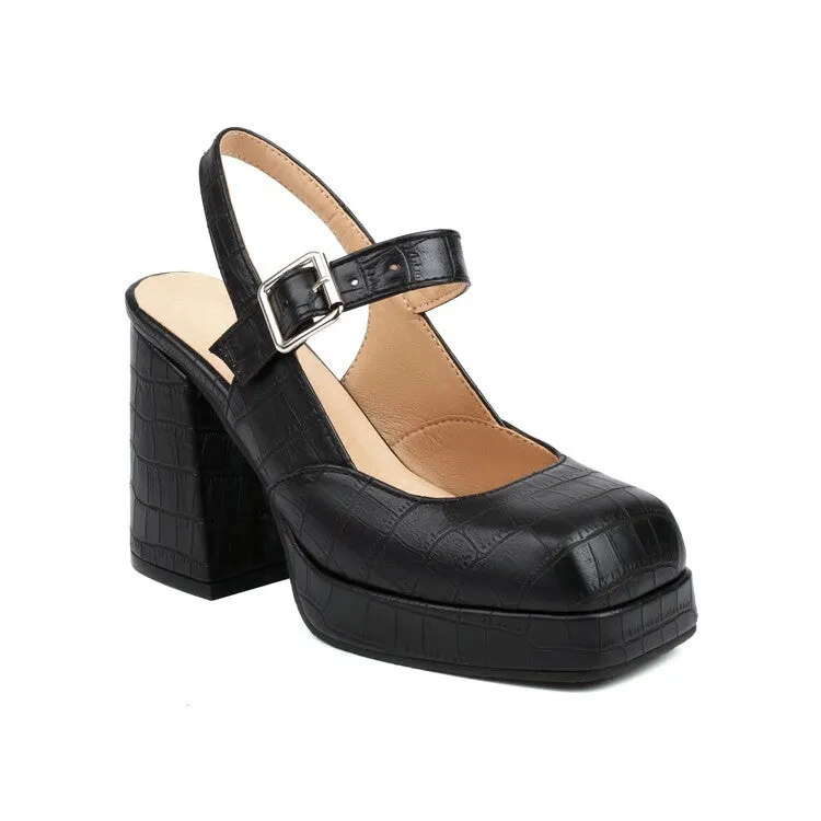 Women's Square Toe Shallow Buckle Straps Block Chunky Heel Platform Sandals