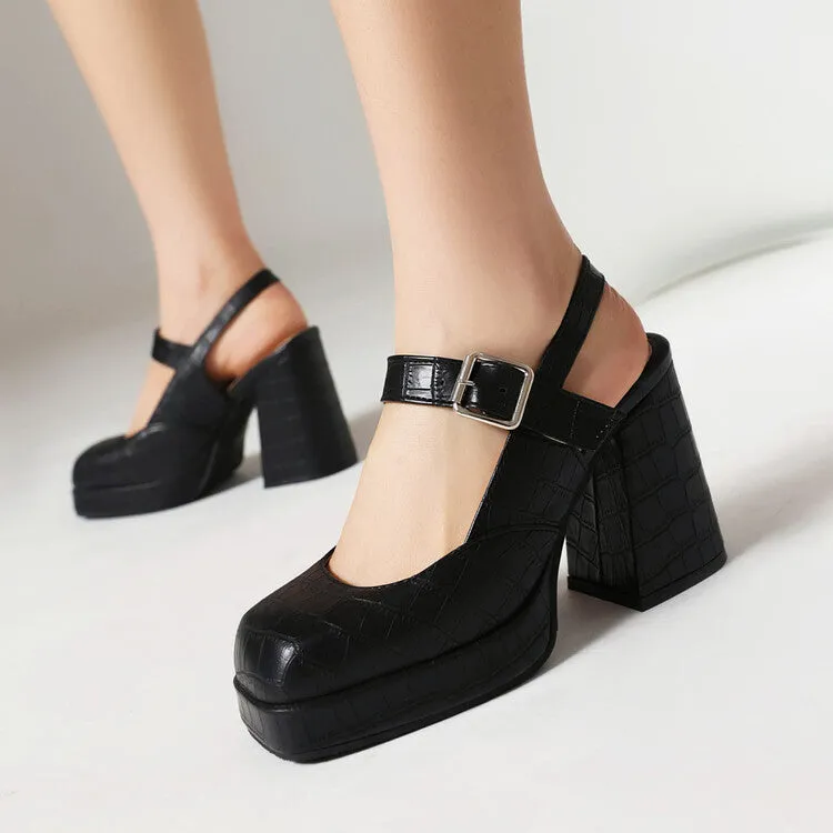 Women's Square Toe Shallow Buckle Straps Block Chunky Heel Platform Sandals